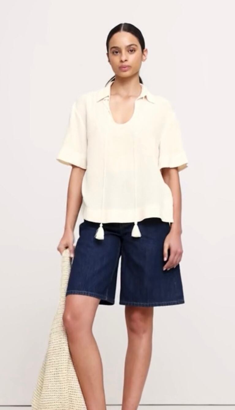 Banana Republic Gauze Tassel Tie Top Small Cream Short Sleeve Minimalist